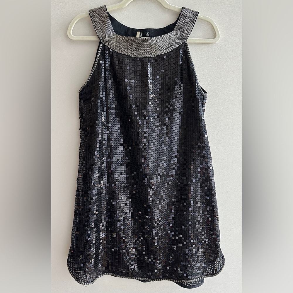 Miss Me Beaded Neck Sequin Mini Y2K Cocktail Dress, Black/Silver, Size Medium